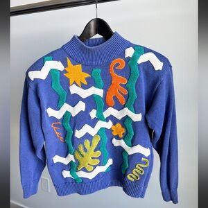 Vintage 80s Maximalist 3D Geometric Sweater Blue Ramie Cotton M Eclectic